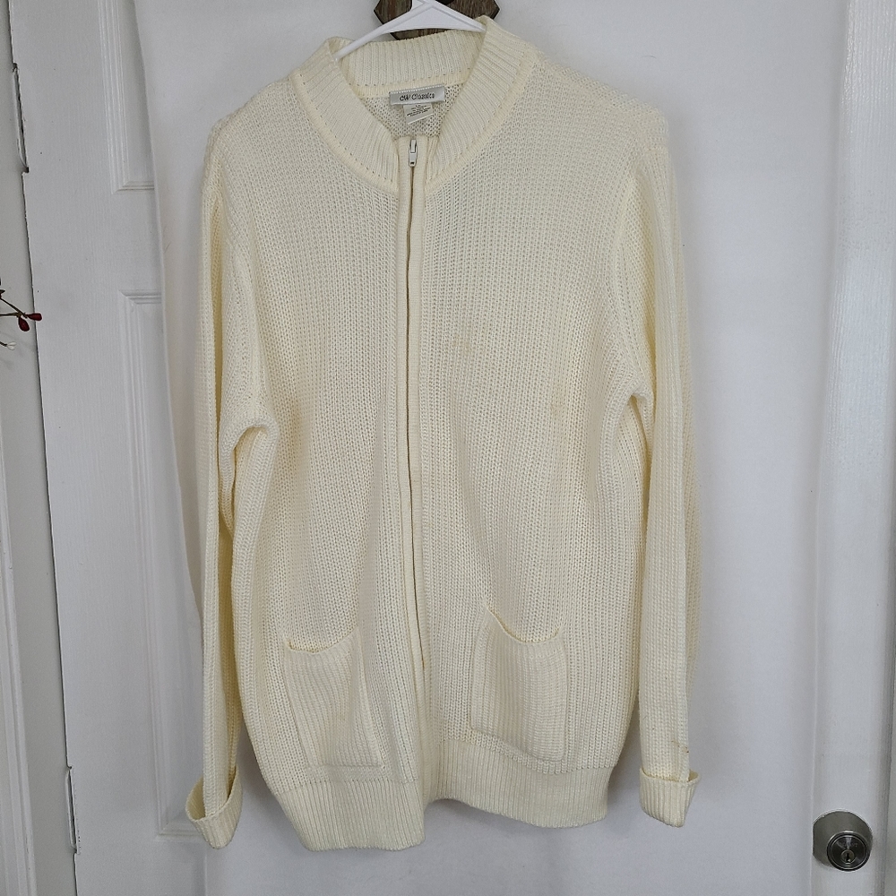 CW Classics Woman's Long Sleeve Full Zip-Up Sweater, Size: Large Color: Cream